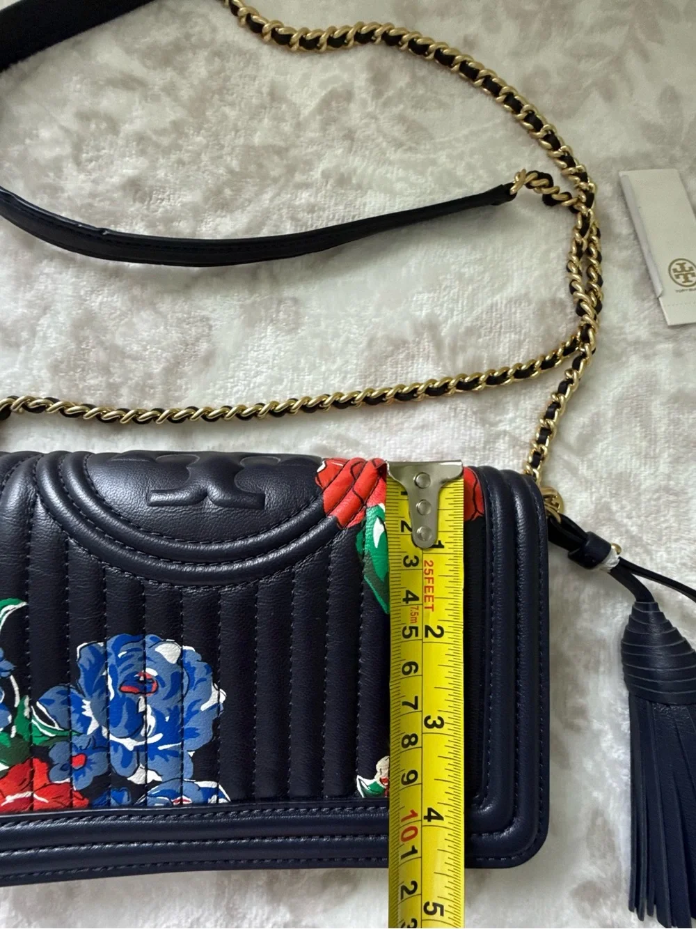 Tory Burch Fleming Soft Printed Floral Navy Leather Wallet Chain Crossbody Bag